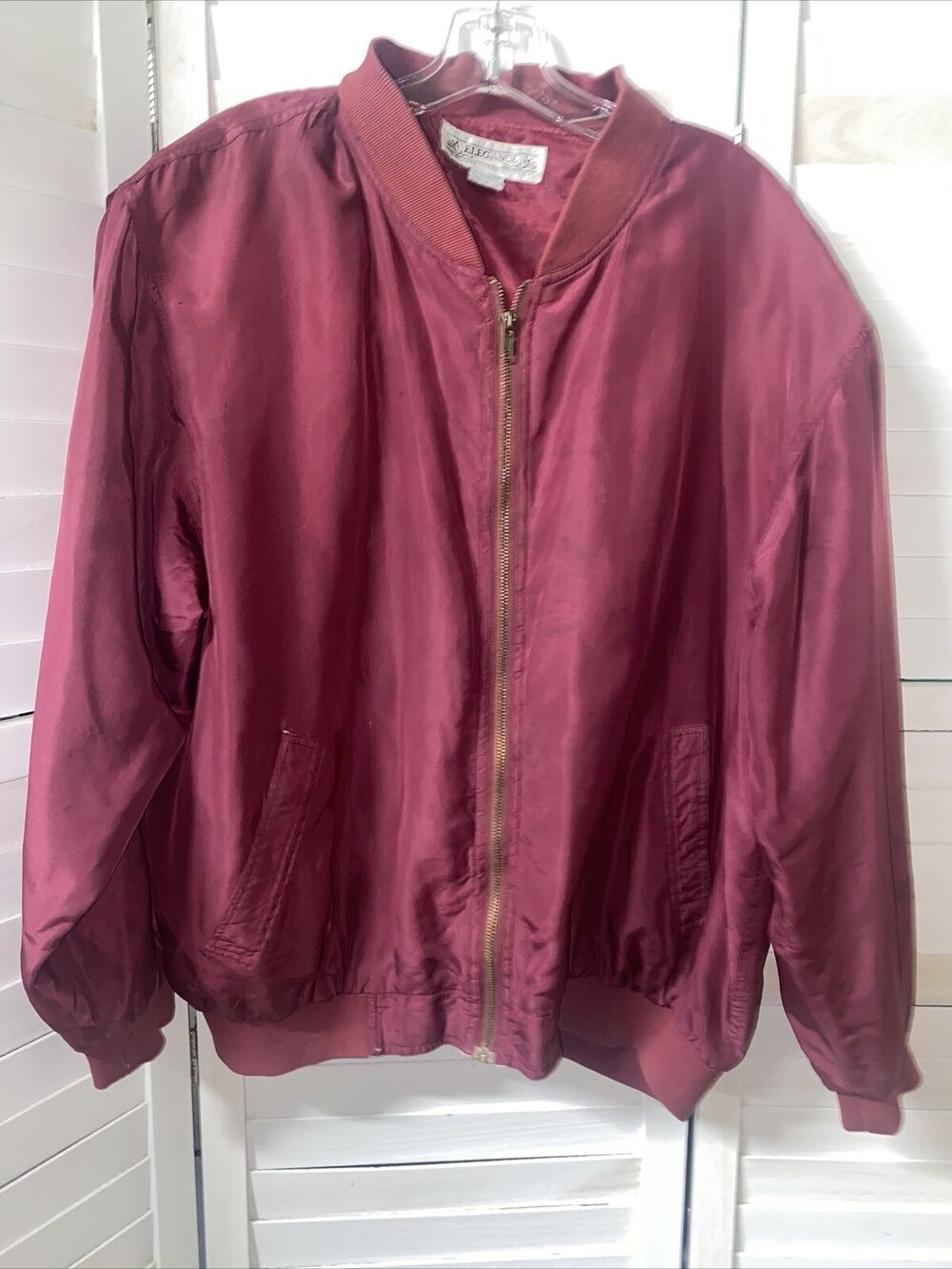 Elegance Silk Bomber Jacket Men’s Maroon Full-Zip Lightweight Vintage 90’s Small